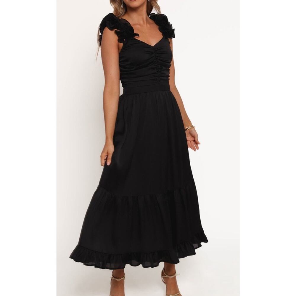 Petal & Pup Inca Black Ruffle Strap Midi Dress Sz Medium Pockets NWT